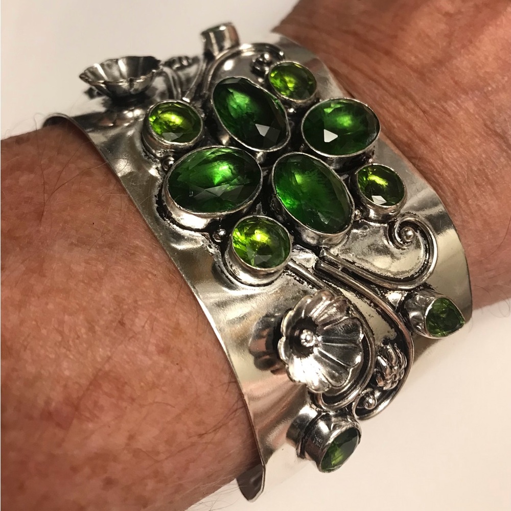Peridot Stamped Solid 925 Sterling Silver Cuff Bracelet